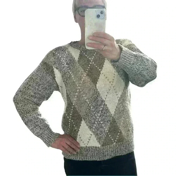 SEARS Vintage 1980's Argyle Cream Beige Tweed Knit Sweater Women's Size Medium - Picture 2 of 6